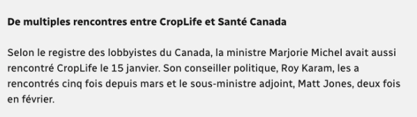 multiples rencontres entre CropLife et Santé Canada